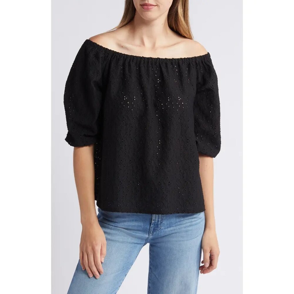 COLETTE | Off the Shoulder Knit Eyelet Black Top, size S